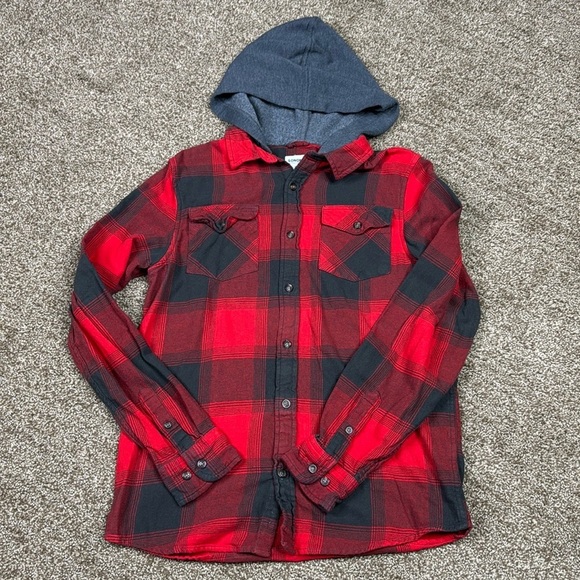 Sonoma Boys Youth Size Extra Large Plaid Flannel Hooded Button Down Shirt - Picture 1 of 5